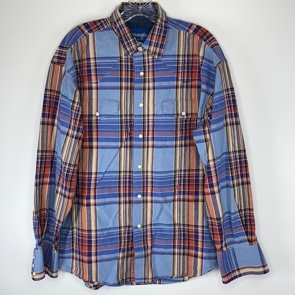 Vintage Wrangler Pearl Snap Plaid Button Down Shirt Size Large